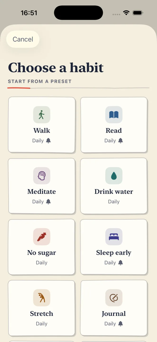 The Choose a habit screen showing preset tiles for Walk, Read, Meditate, Drink water, No sugar, Sleep early, Stretch and Journal