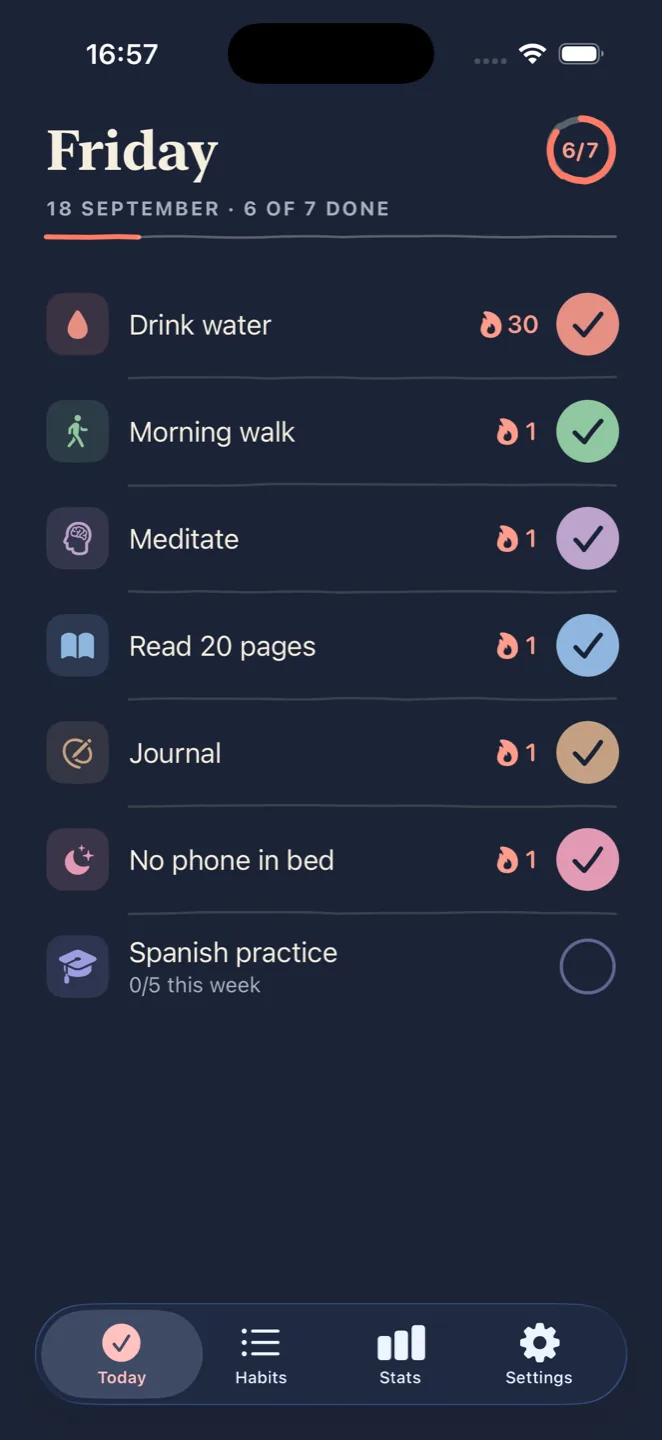 The Today screen in dark mode, six of seven habits checked off