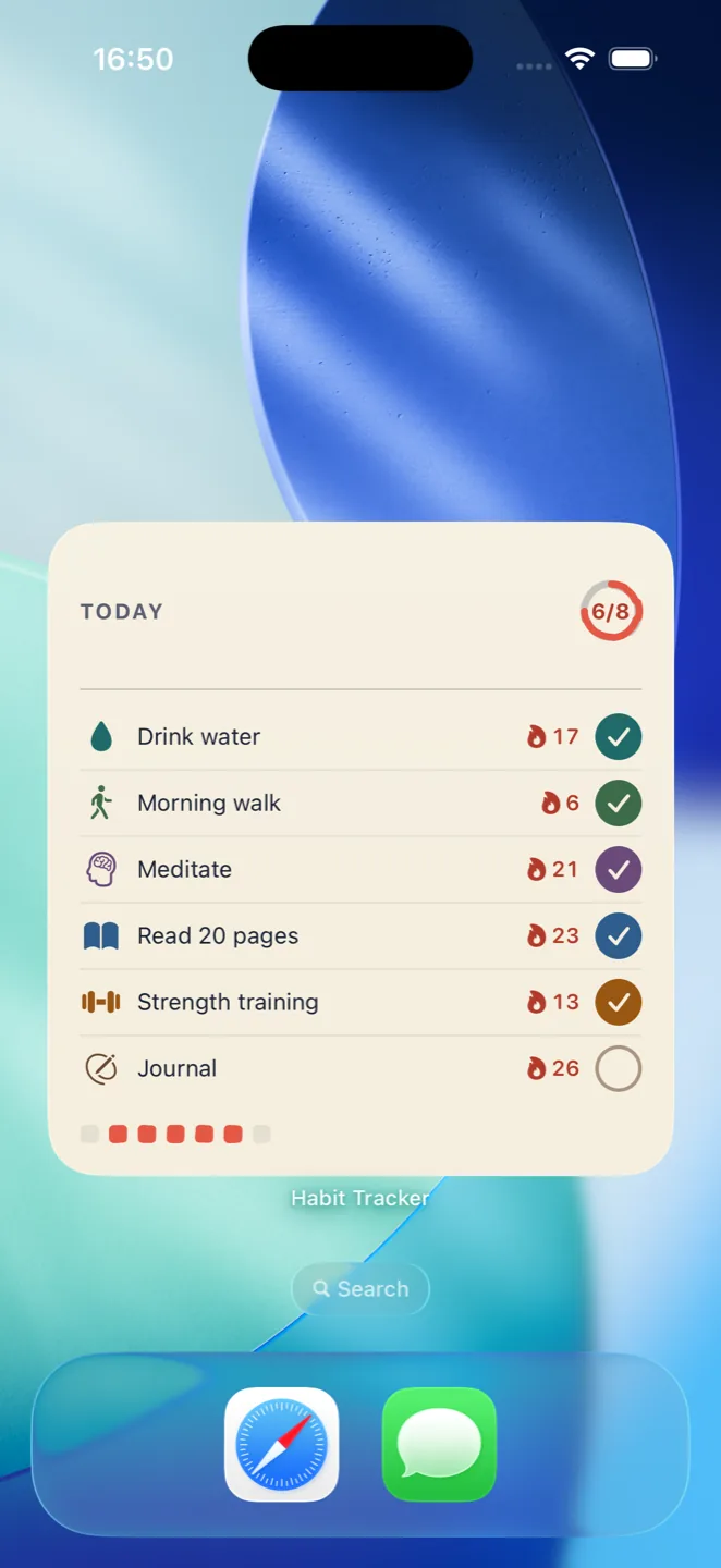The Home Screen with a medium Habit Tracker widget listing six habits, each with a streak count and a check button